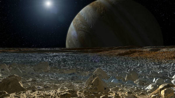 An artist’s concept shows what the surface of Jupiter’s moon Europa may look like. NASA/JPL-Caltech