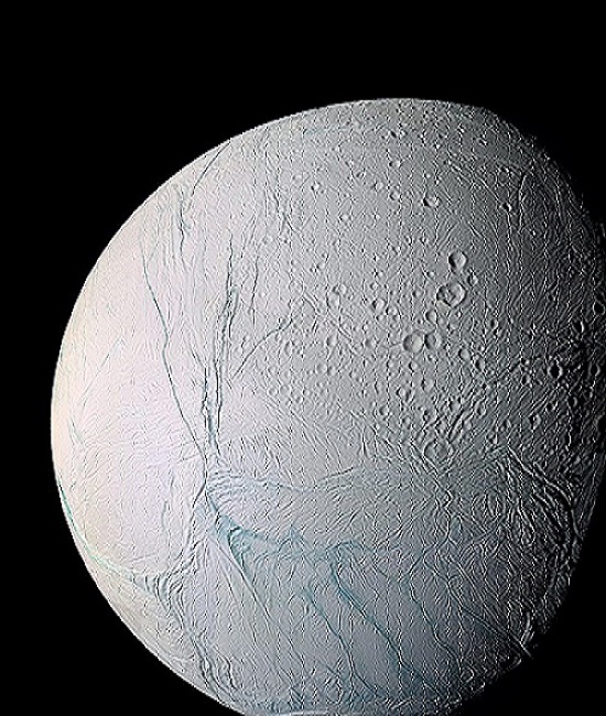 Enhanced color view of Enceladus showing much of the southern hemisphere and includes the south polar terrain at the bottom of the image. Photo Credit; NASA/JPL/Space Science Institute 