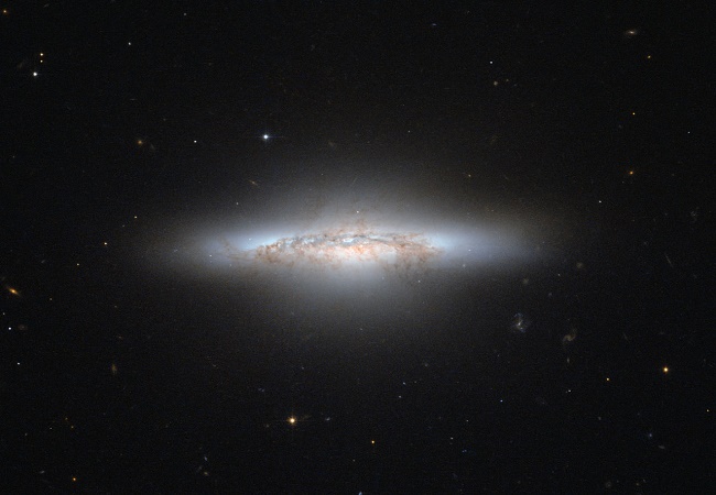 The NASA/ESA Hubble Space Telescope has captured a beautiful galaxy that, with its reddish and yellow central area, looks rather like an explosion from a Hollywood movie. The galaxy, called NGC 5010, is in a period of transition. The aging galaxy is moving on from life as a spiral galaxy, like our Milky Way, to an older, less defined type called an elliptical galaxy. In this in-between phase, astronomers refer to NGC 5010 as a lenticular galaxy, which has features of both spirals and ellipticals. NGC 5010 is located around 140 million light-years away in the constellation of Virgo (The Virgin). The galaxy is oriented sideways to us, allowing Hubble to peer into it and show the dark, dusty, remnant bands of spiral arms. NGC 5010 has notably started to develop a big bulge in its disc as it takes on a more rounded shape. Most of the stars in NGC 5010 are red and elderly. The galaxy no longer contains all that many of the fast-lived blue stars common in younger galaxies that still actively produce new populations of stars. Much of the dusty and gaseous fuel needed to create fresh stars has already been used up in NGC 5010. Overt time, the galaxy will grow progressively more "red and dead”, as astronomers describe elliptical galaxies. Hubble's Advanced Camera for Surveys (ACS) snapped this image in violet and infrared light.