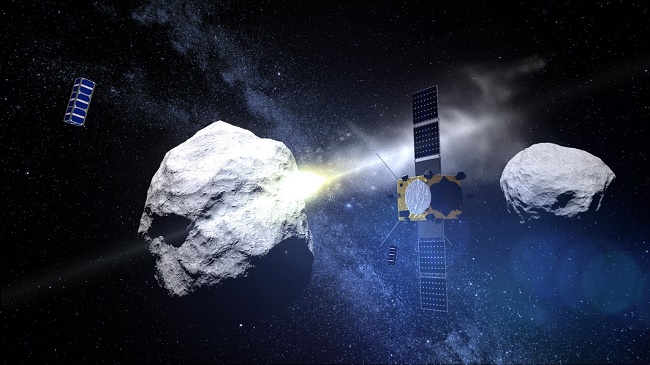 An artist's impression of the Asteroid Impact Mission taking notes as the Double Asteroid Redirection Test crashes into Didymoon. – ESA / Science Office