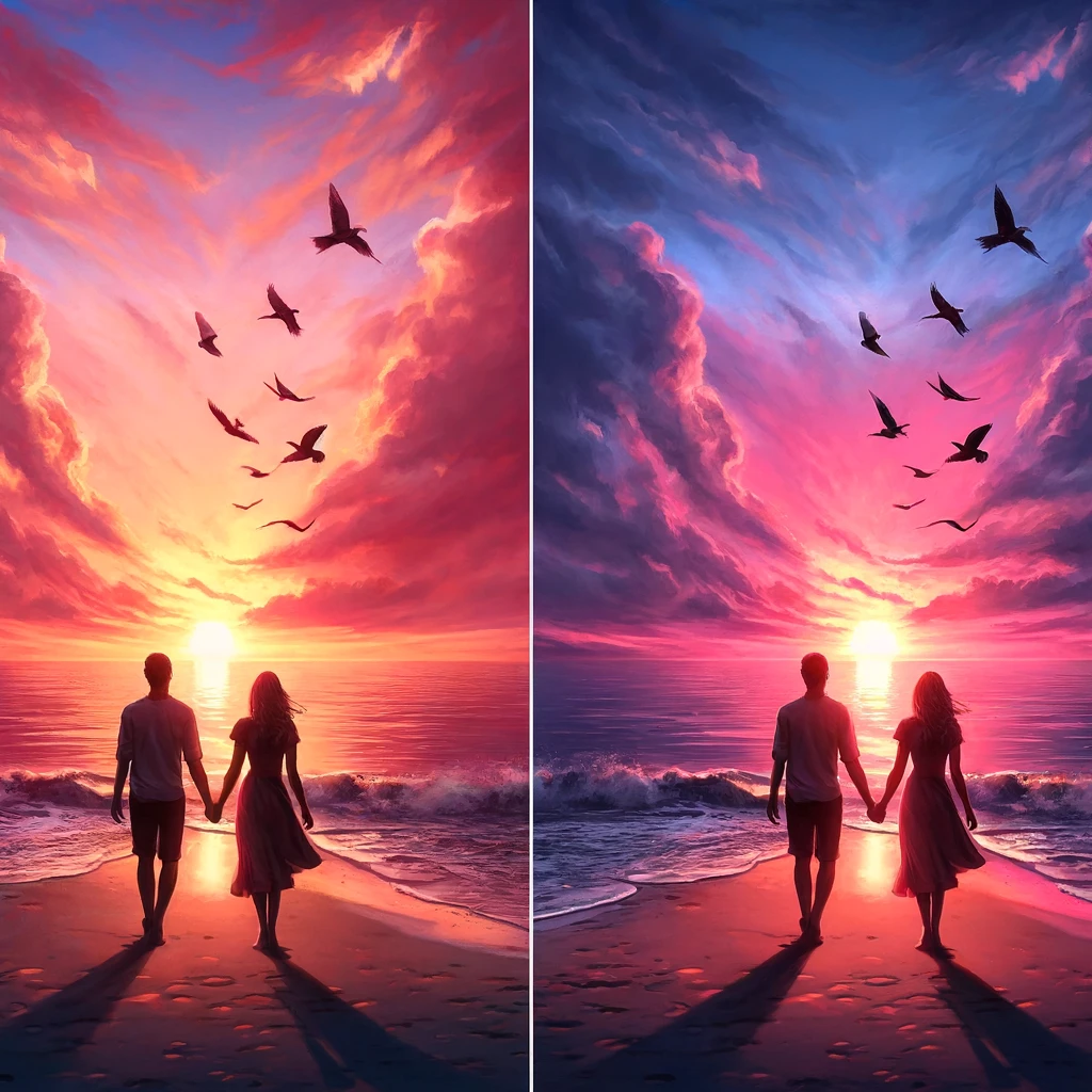 Due innamorati mano per mano che camminano al tramonto in un contesto paradisiaco