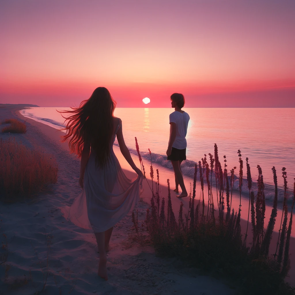 Due innamorati al tramonto che camminano in riva al mare