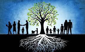 famiglia intera radunata intorno ad un albero "della vita"