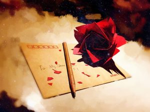  doux message avec une rose rouge et un stylo à bille dessus