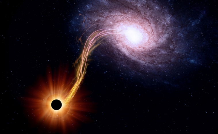 An artist's impressions of a black hole capturing mass from a nearby object