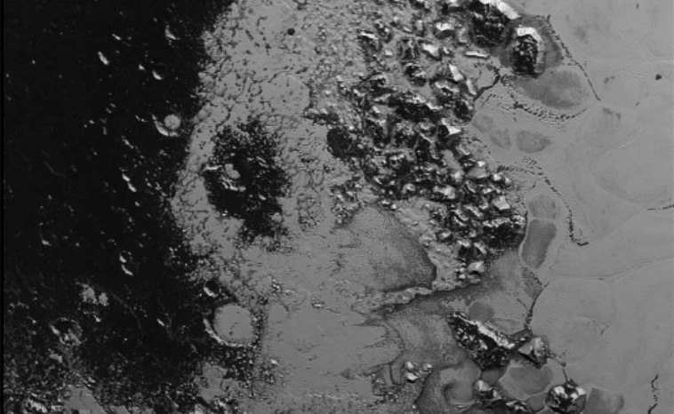 A close-up image of the surface of Pluto.