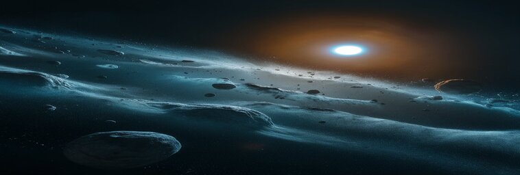 Ilustración de la Nube de Oort, una región distante y helada en los límites del Sistema Solar, donde se forman los cometas de período largo. Se observa una esfera de objetos helados orbitando al Sol, con algunos cometas desprendiéndose hacia el interior del Sistema Solar.