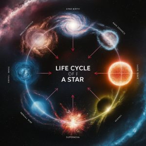 ciclo de vida de una estrella, desde su nacimiento en una nebulosa hasta su muerte como supernova o remanente estelar.