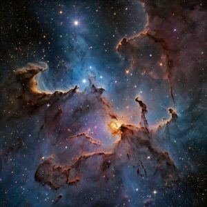 proceso de nacimiento estelar en una nebulosa gaseosa. Nubes densas de gas y polvo, llamadas nubes moleculares, colapsan bajo su propia gravedad, dando lugar a protoestrellas