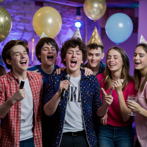 Juegos para fiestas de 18 años: jóvenes disfrutando de karaoke loco en una fiesta de cumpleaños de 18 años