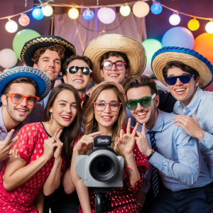 Cómo sorprender en un 18 cumpleaños: amigos posando en un photocall divertido en una fiesta de 18 años