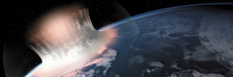 An illustration depicting a large asteroid striking the Earth, similar to the event that resulted in the creation of the Chicxulub Crater.