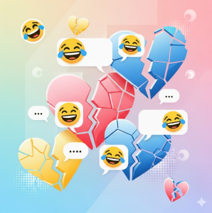 cuori spezzati, emoji sorridenti e chat di messaggi ironici