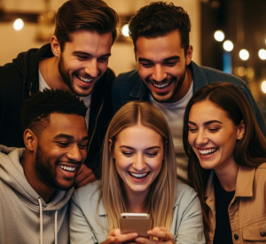 gruppo di amici che ride insieme davanti a un telefono