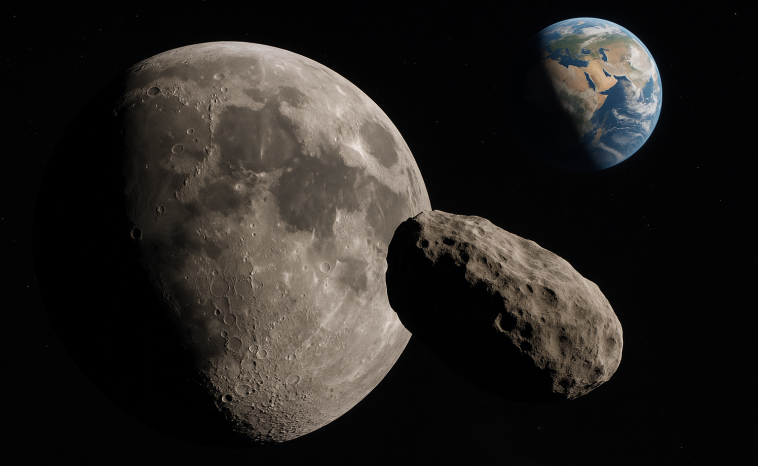An illustration of asteroid 2024 YR4 on a collision course with the Moon.