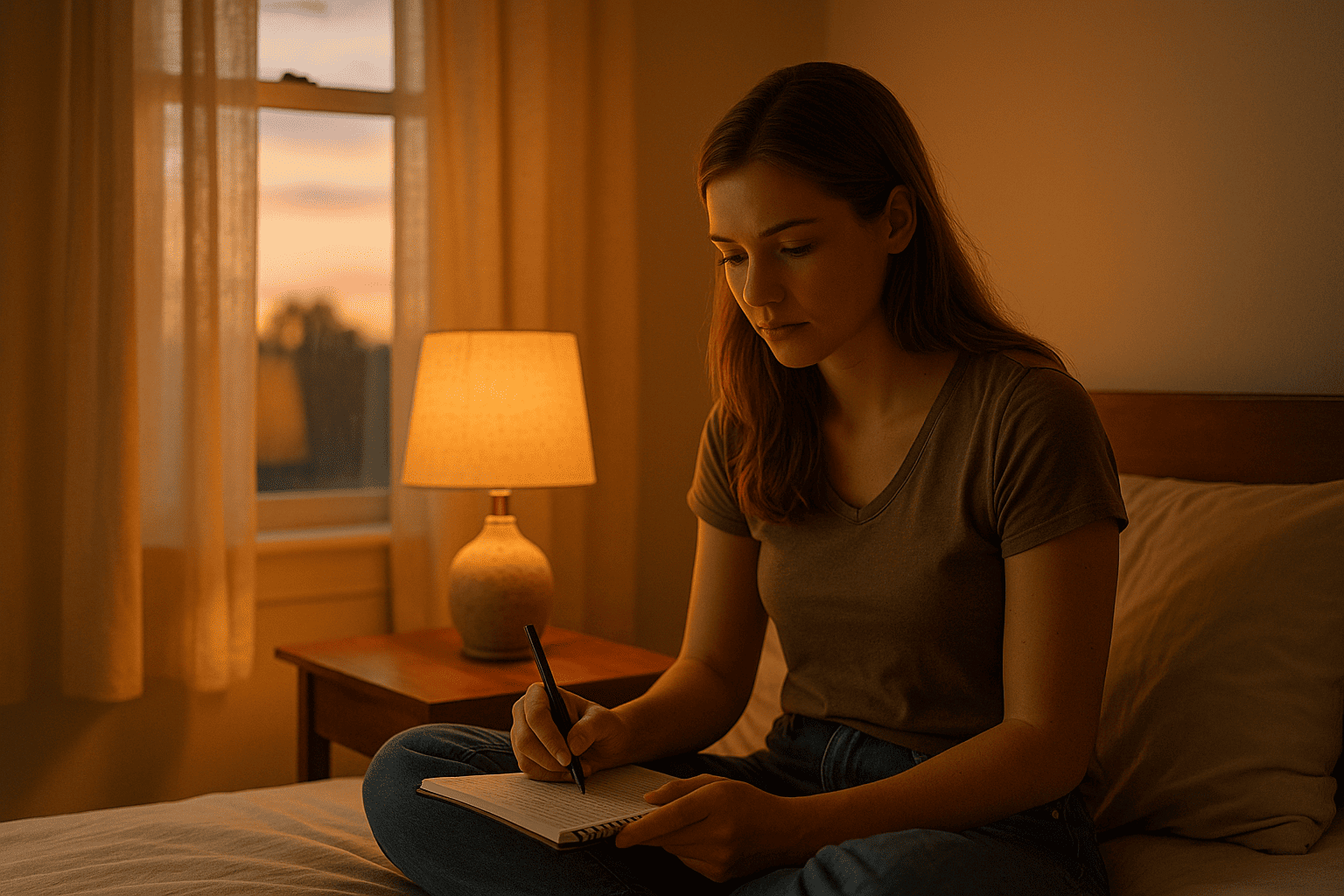 Chica escribiendo sus pensamientos en su cama