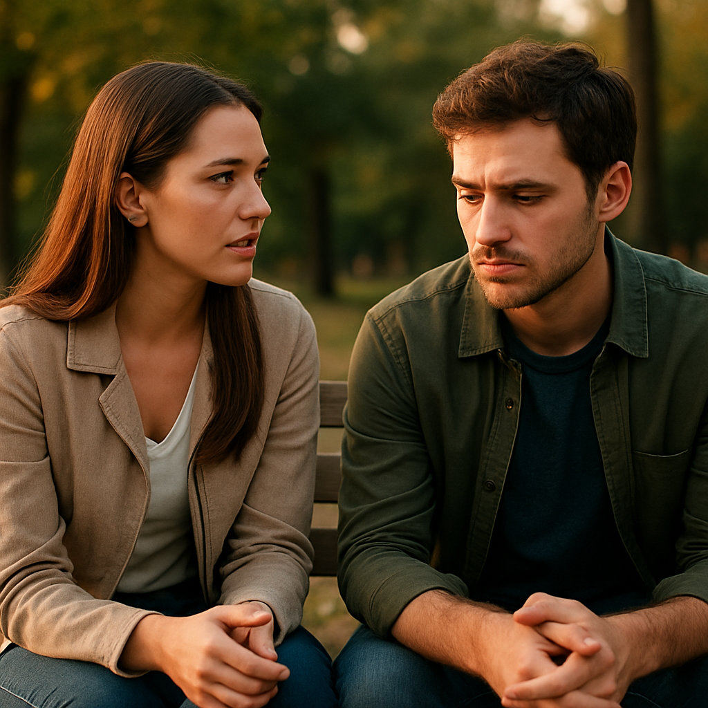 Una pareja que se está separando y está hablando en un parque