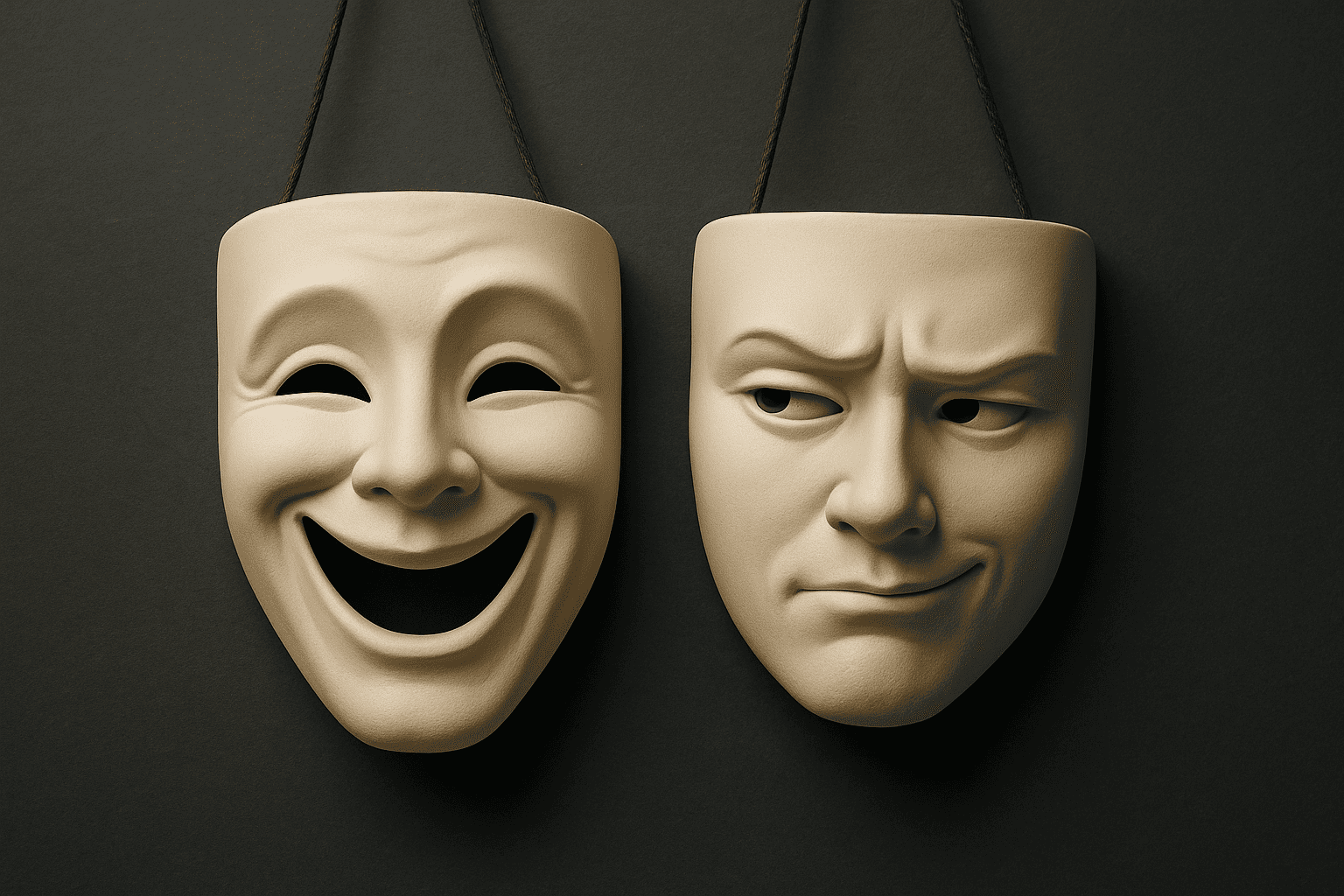 Dos máscaras teatrales colgadas una al lado de la otra: una con una sonrisa exagerada y la otra con una mirada irónica.