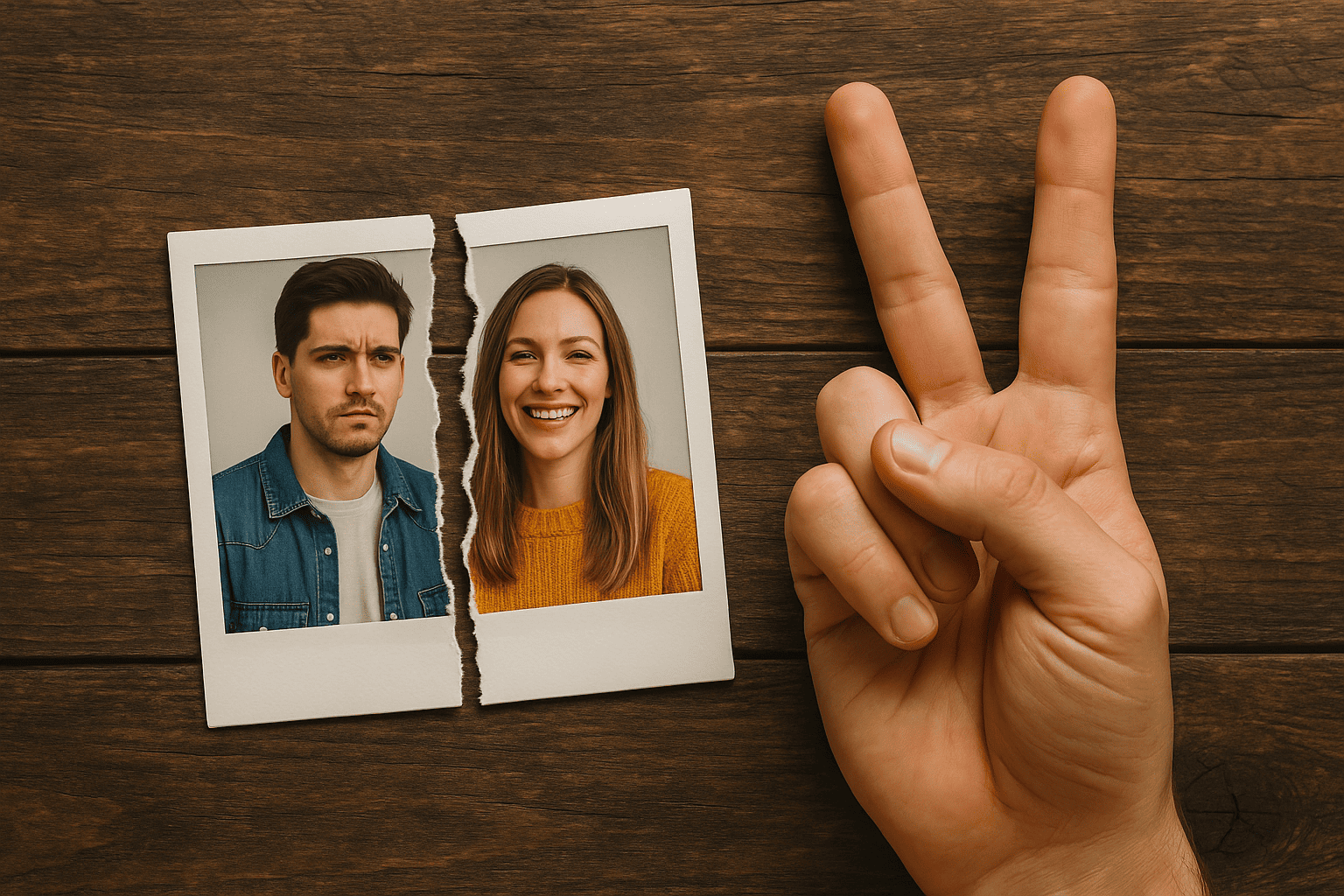 Una foto Polaroid rota por la mitad, sobre una mesa de madera. Junto a ella, una mano haciendo el signo de la victoria