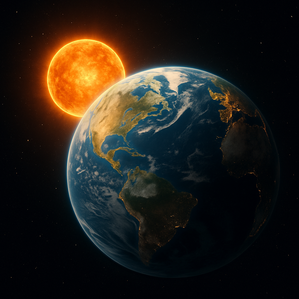 En primer plano está la tierra y detrás de ella se puede ver el sol