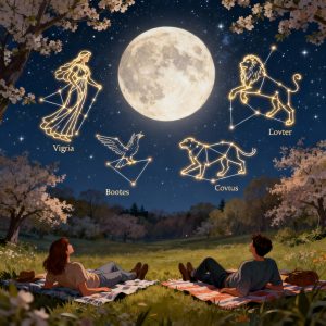 Luna-rosa-e-costellazioni-osservabili Illustrazione luna con costellazioni, prato e due persone che osservano