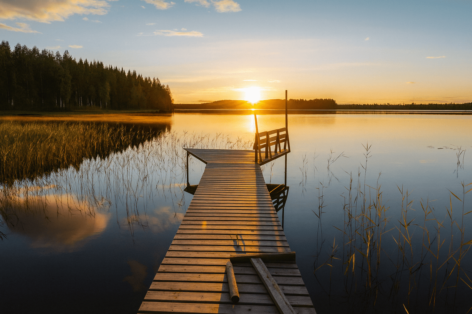 Sole di mezzanotte visibile da un ponte di legno sul lago