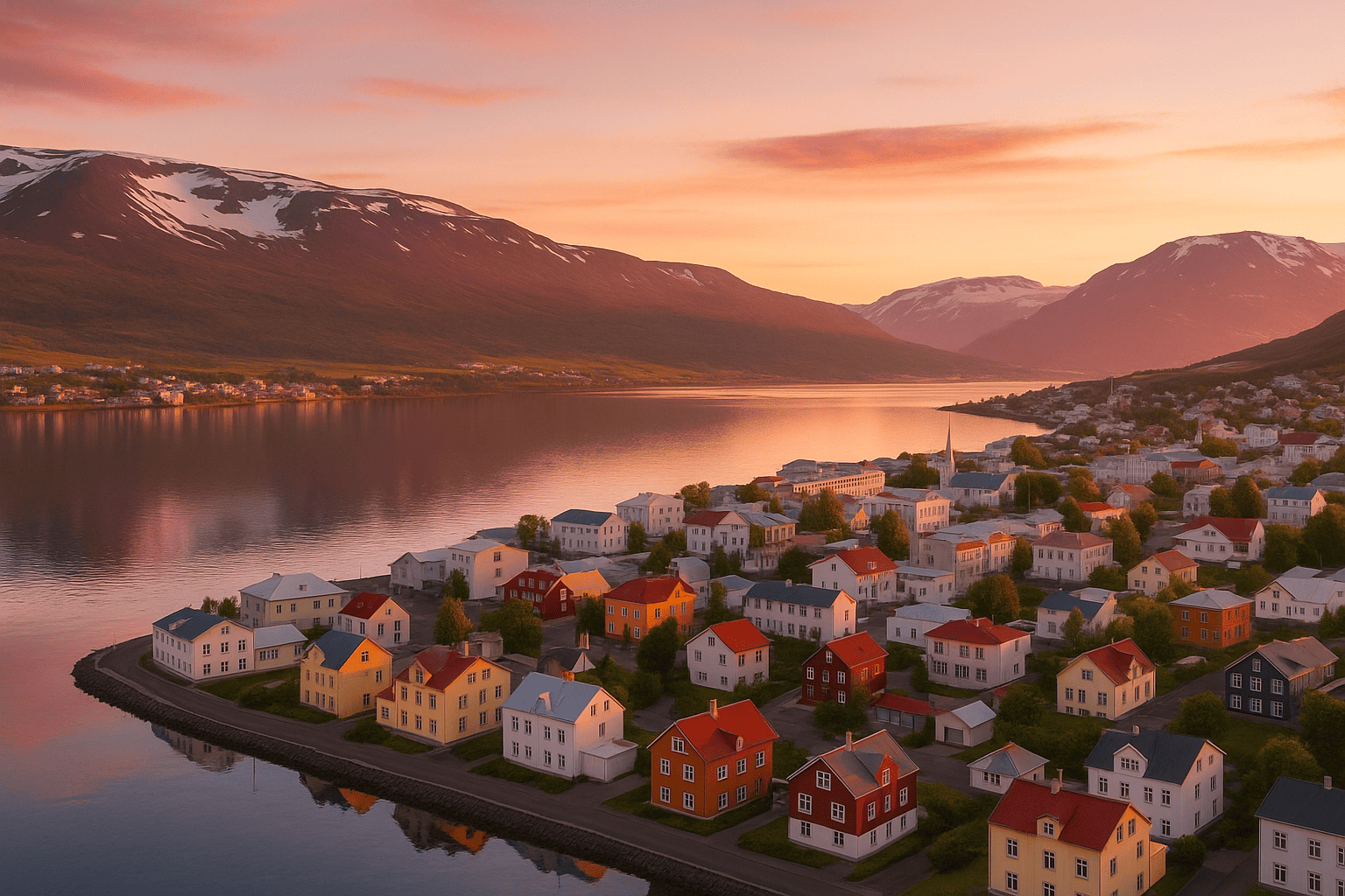 Akureyri sotto il Sole di mezzanotte, fiordo tranquillo, case colorate, montagne che circondano la città