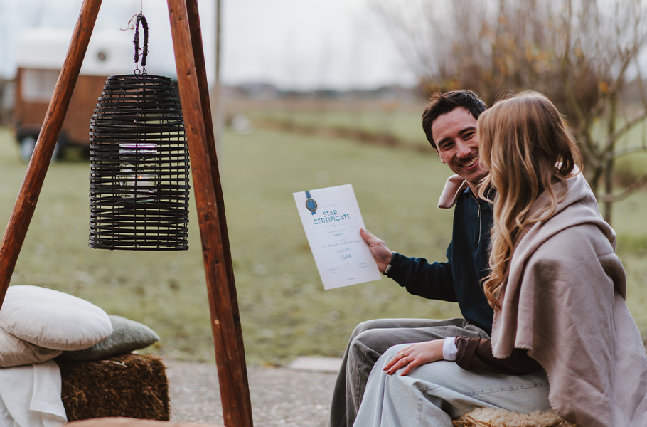 Annual horoscope 2026 certificate Man and woman looking at their star certificate