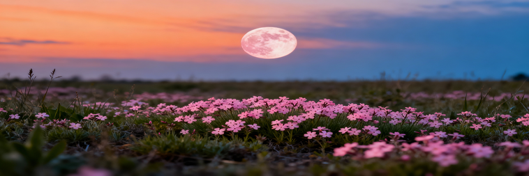 Luna rosa con cielo crepuscolare, prato e fiori rosa